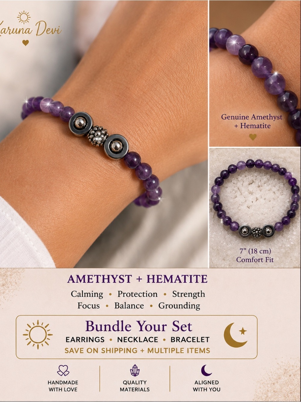 2 for $30 Amethyst Genuine Stone Stretch Beaded Bracelet - Purple